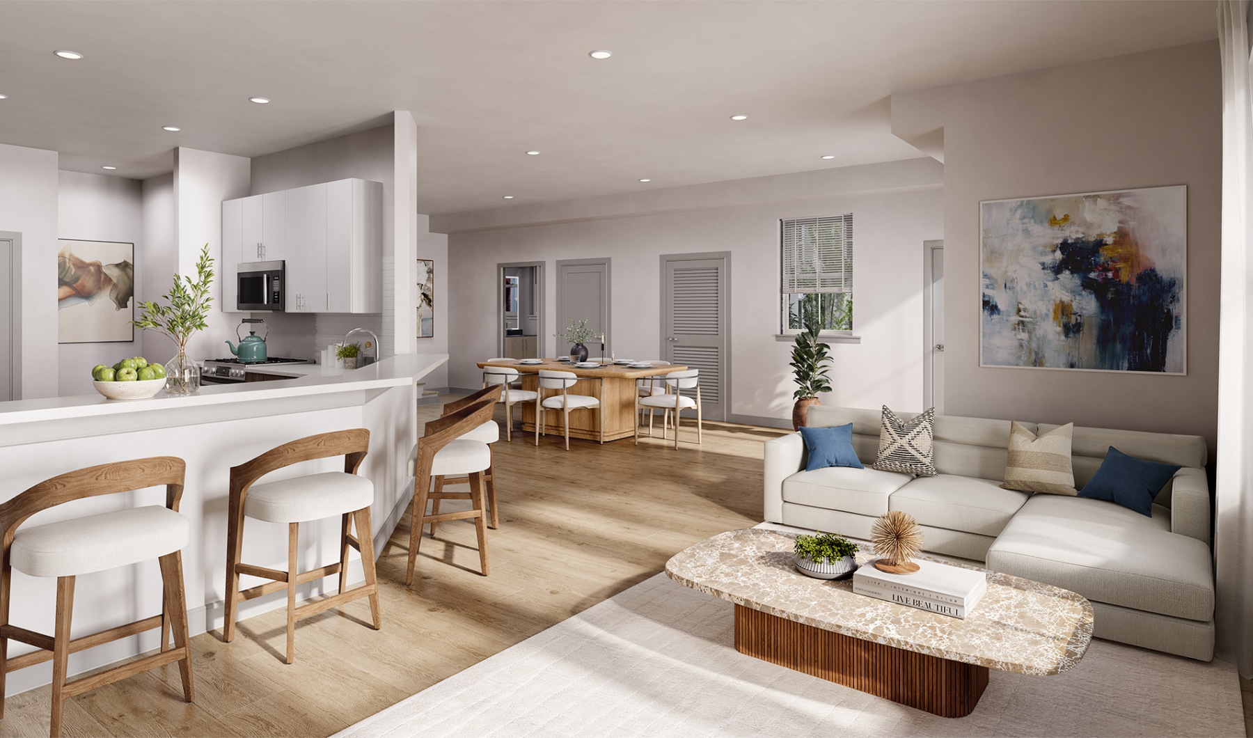 a living room with a white couch and a table